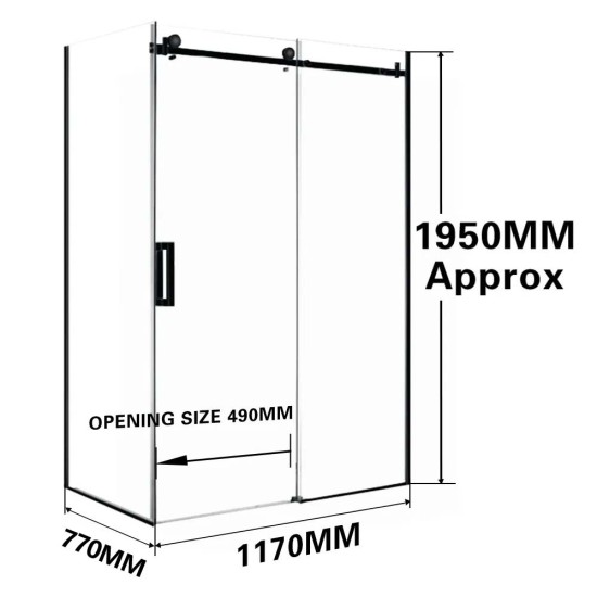 1170*770*1950mm Black Frameless Shower Door & Return Panel